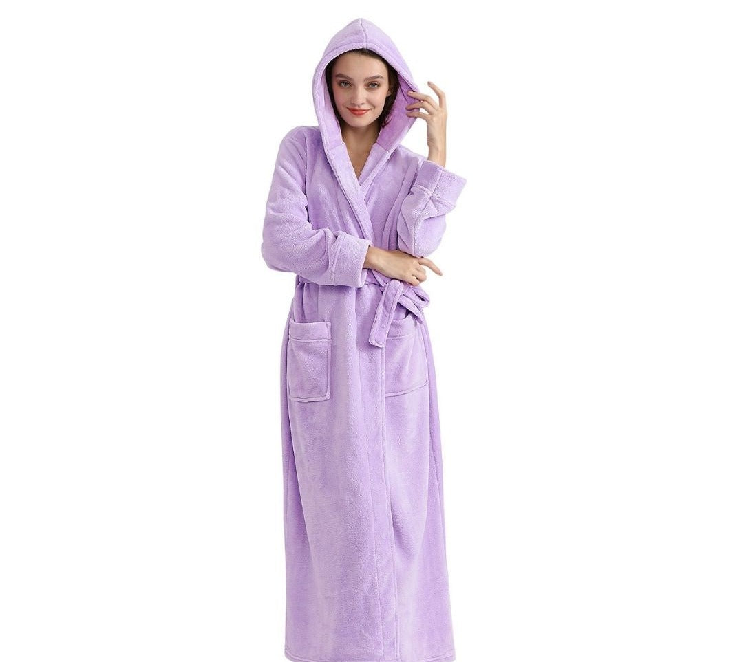 ZAKASA Long Sleeves Ankle Length Fluffy Flannel Dressing Gown Bathrobe with Hood Sleep Wear Winter Wedding Robe