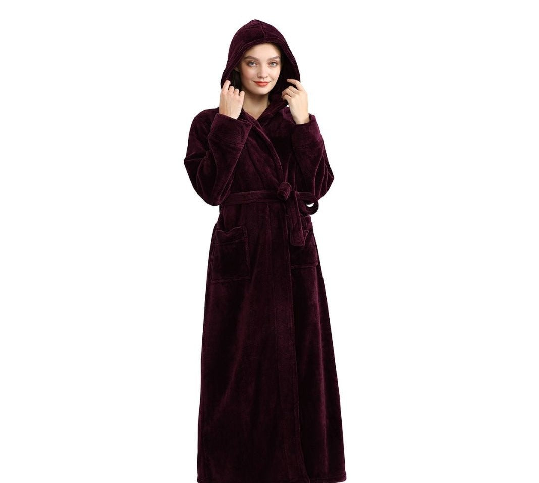 ZAKASA Long Sleeves Ankle Length Fluffy Flannel Dressing Gown Bathrobe with Hood Sleep Wear Winter Wedding Robe