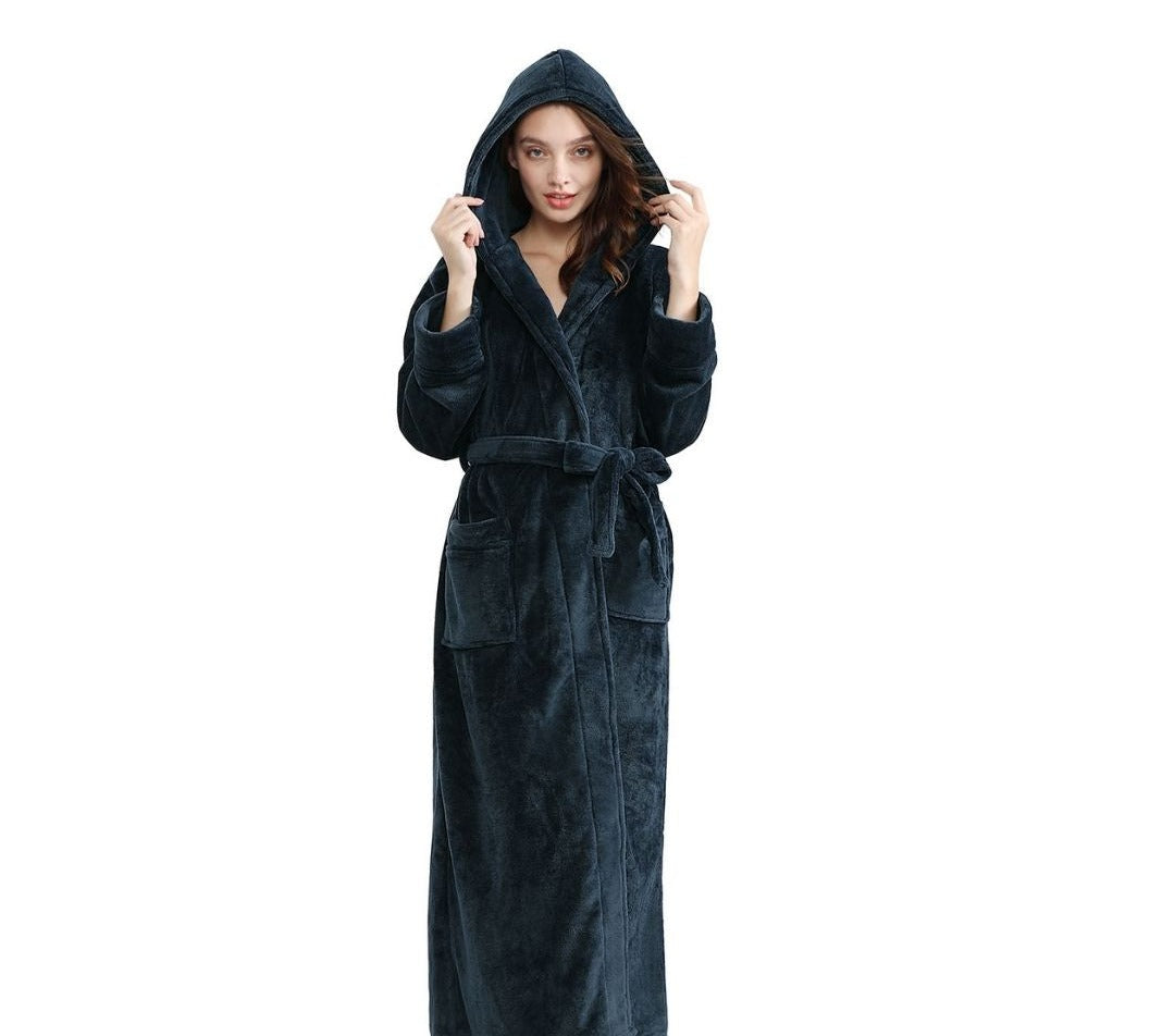 ZAKASA Long Sleeves Ankle Length Fluffy Flannel Dressing Gown Bathrobe with Hood Sleep Wear Winter Wedding Robe