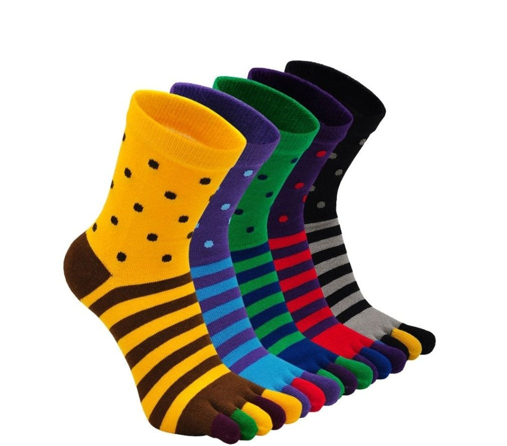 ZAKASA Colorful Vibrant Striped Crew 5 Finger Socks for Men, 5 Pairs