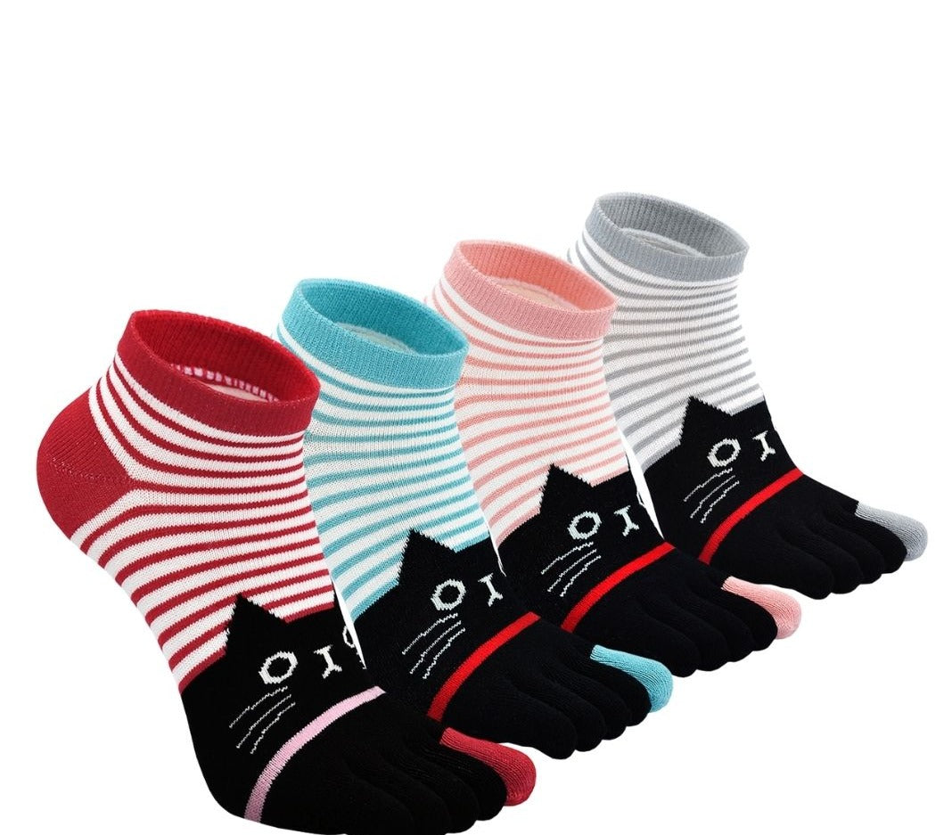 ZAKASA Finger Cute Stripes Cat Design Toe Socks for Women, 4 Pairs